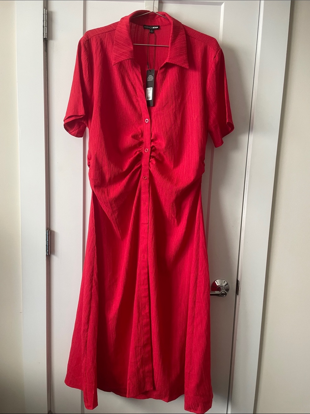 Fashion Nova Red Ruched Button-Front Midi Dress